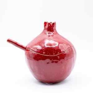 Handmade red pomegranate sugar bowl, ceramic sugar bowl, sugar bowl with spoon, handmade bowl, pomegranate ceramic, ceramics and pottery image 1