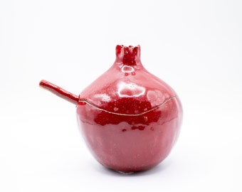 Handmade red pomegranate sugar bowl, ceramic sugar bowl, sugar bowl with spoon, handmade bowl, pomegranate ceramic, ceramics and pottery