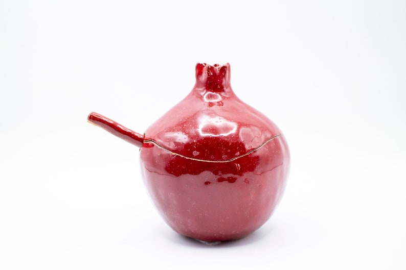 Handmade red pomegranate sugar bowl, ceramic sugar bowl, sugar bowl with spoon, handmade bowl, pomegranate ceramic, ceramics and pottery image 1