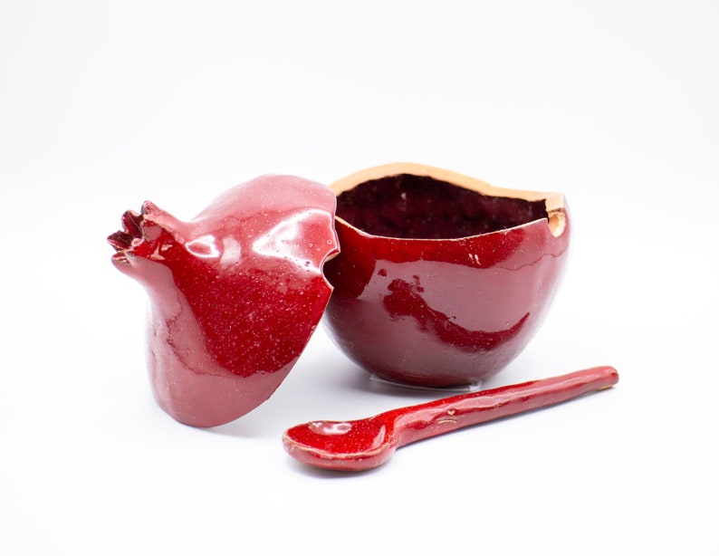 Handmade red pomegranate sugar bowl, ceramic sugar bowl, sugar bowl with spoon, handmade bowl, pomegranate ceramic, ceramics and pottery image 5