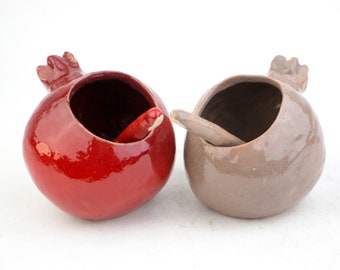 Pomegranate Ceramic Salt Cellar and Pepper Cellar Set ,Handmade Ceramic Salt Cellar with Scoop, ceramics and pottery, red cellar