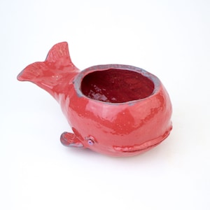 May include: A red ceramic whale planter with a glazed finish. The whale has a small, round opening on its back for planting.