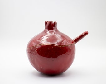 Handmade red pomegranate sugar bowl, ceramic sugar bowl, sugar bowl with spoon, handmade bowl, pomegranate ceramic, ceramics and pottery