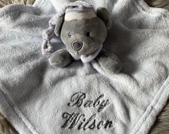 Embroidered Blue & Grey Baby Bear Comforter