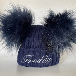 Navy Blue Double Pom Pom Knitted & Embroidered Baby Hat