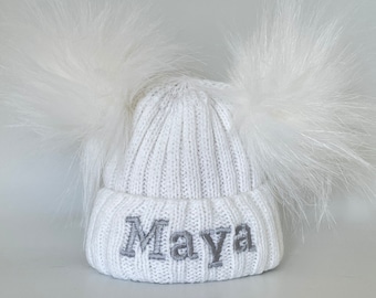 White Double Pom Pom Knitted & Embroidered Baby Hat