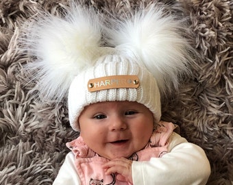 Double Pom Pom White Knitted Baby Hat