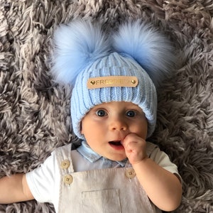 Double Pom Pom Blue Knitted Baby Hat