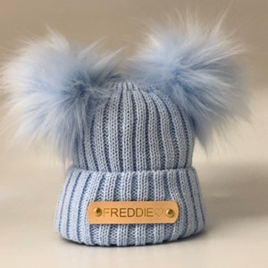 Double Pom Pom Blue Knitted Baby Hat