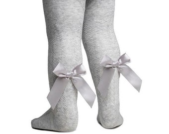 Light Grey Knitted Jacquard tights with satin bow detail