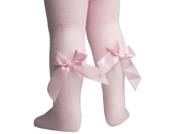 Baby Pink Knitted Jacquard tights with satin bow detail