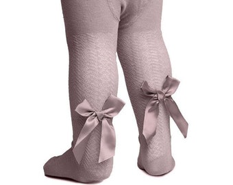 Dusty Pink Rose Gold Knitted Jacquard tights with satin bow detail