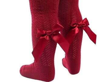 Wine Red Knitted Jacquard tights with satin bow detail