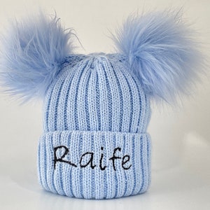 Baby Blue Double Pom Pom Knitted & Embroidered Baby Hat