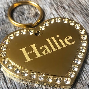 Gold Heart Diamante Dog Tag