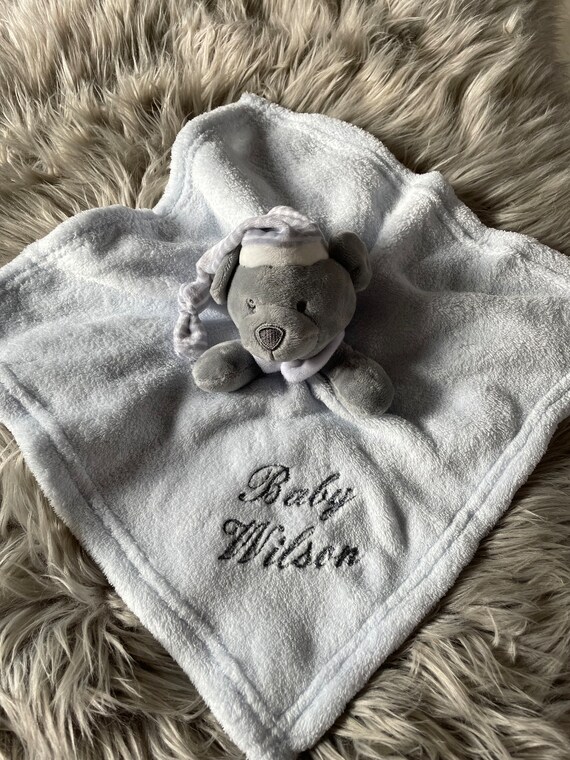 Embroidered Blue Grey Baby Bear Comforter Etsy
