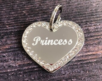 Silver Heart Diamante Dog Tag