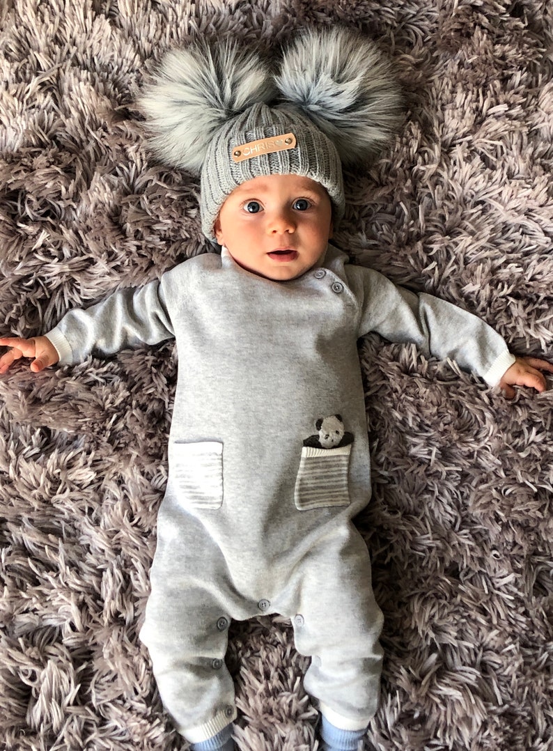 Double Pom Pom Grey Knitted Baby Hat Etsy