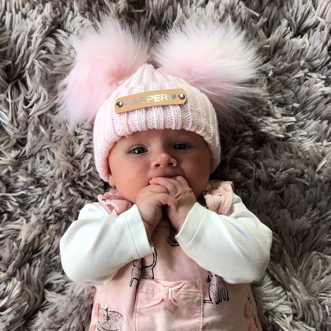 Double Pom Pom Pink Knitted Baby Hat - Etsy