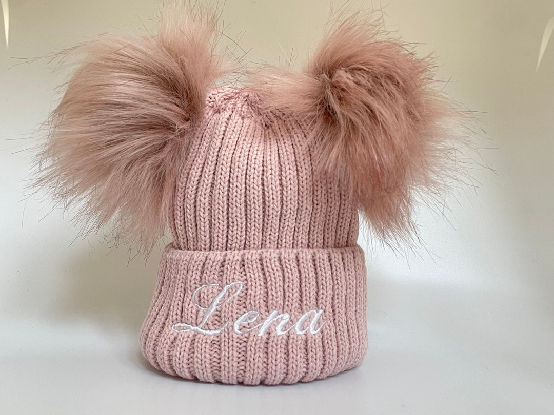 Rose Gold Double Pom Pom Knitted & Embroidered Baby Hat - Etsy