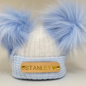 Double Pom Pom Blue & White Striped Knitted Baby Hat