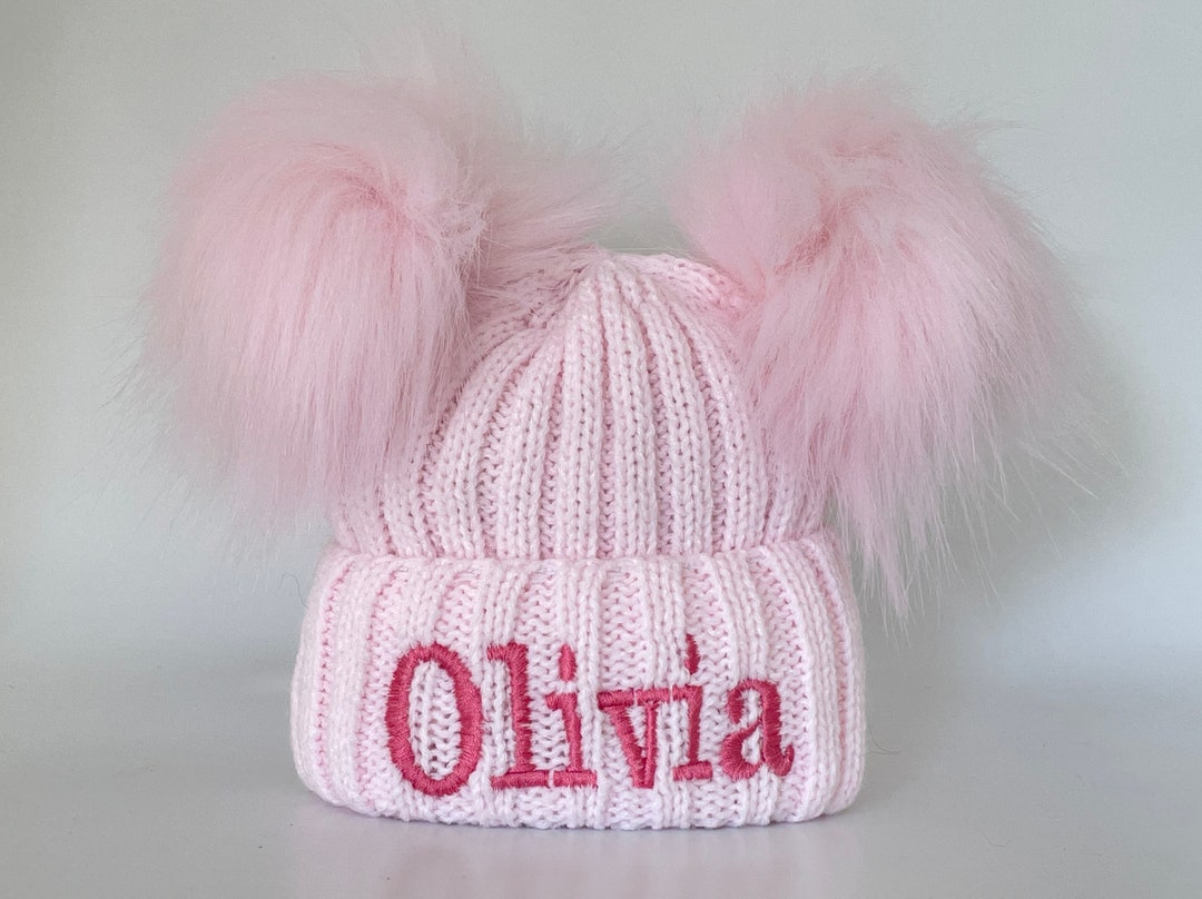 Baby Pink Double Pom Pom Knitted & Embroidered Baby Hat - Etsy