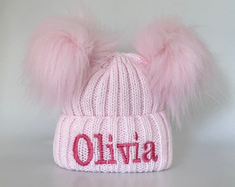 Baby Pink Double Pom Pom Knitted & Embroidered Baby Hat