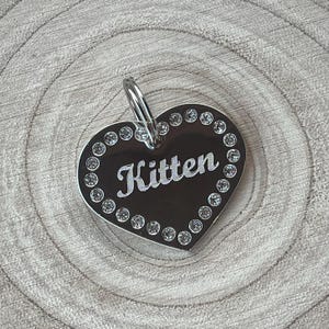 Silver Heart Diamante Kitten Tag