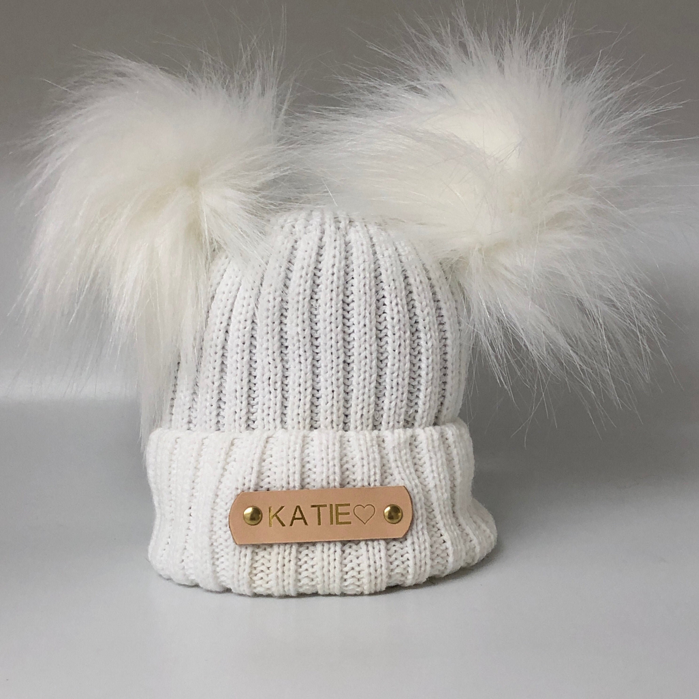 Double Pom Pom White Knitted Baby Hat - Etsy