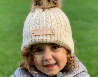 Beige Knitted Baby Pom Pom Hat