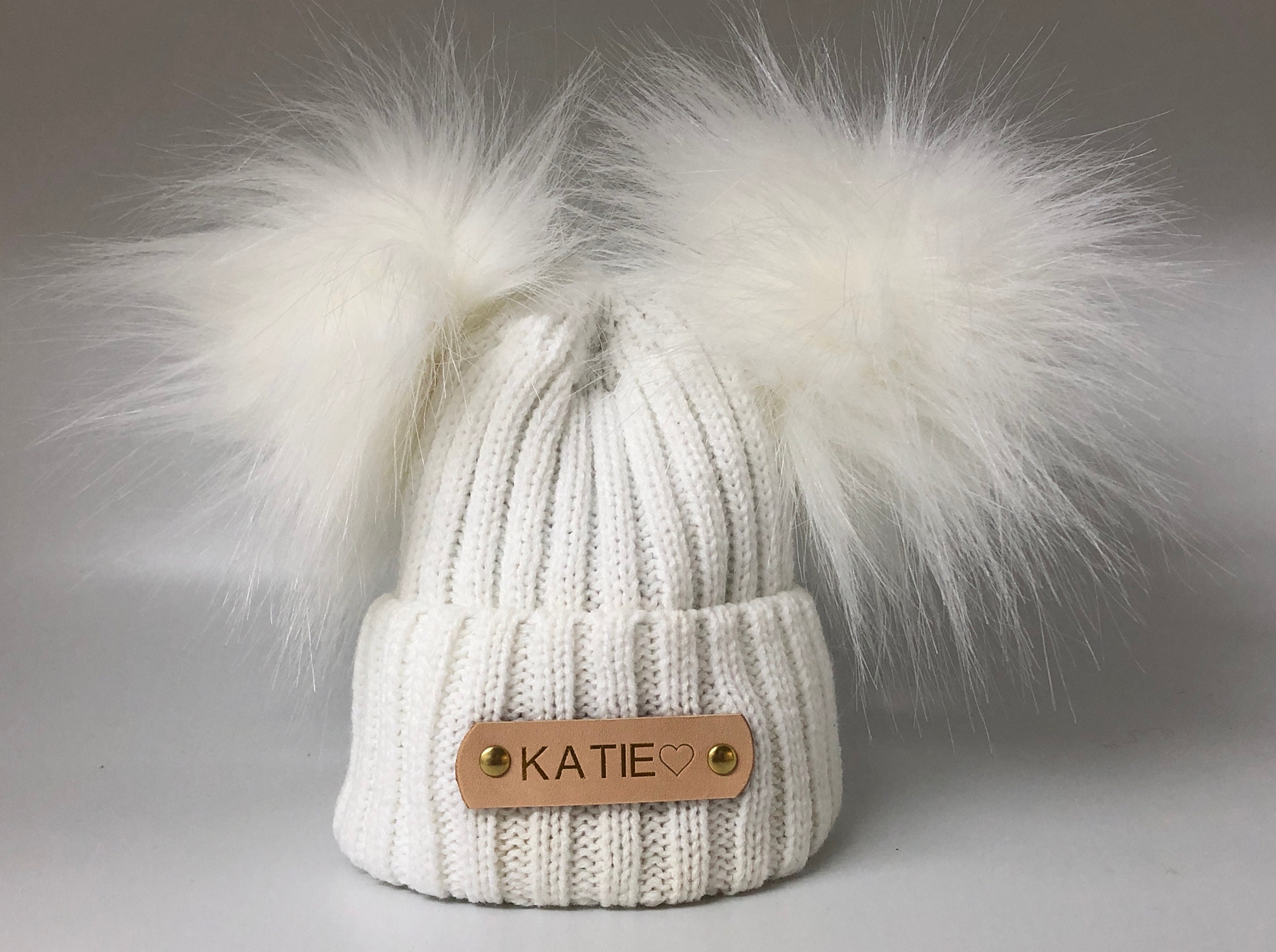 Double Pom Pom White Knitted Baby Hat - Etsy