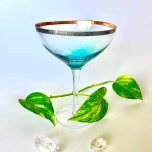 Turquoise Bubble Glass Goblet Elevated Candy/Candle/Jewelry Dish Artisan Made with Silver & Copper Wrapped Rim, Fancy Silver Glassware
