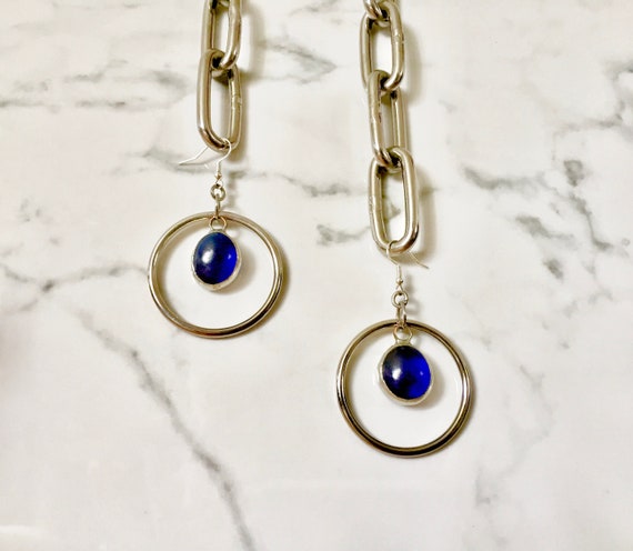 Blue Stained Glass & Steel Hoop LEXINGTON Spinner Earrings-Artisan Made Smoky Blue Glass and Stainless Steel Rings-Cocktail Party Earrings