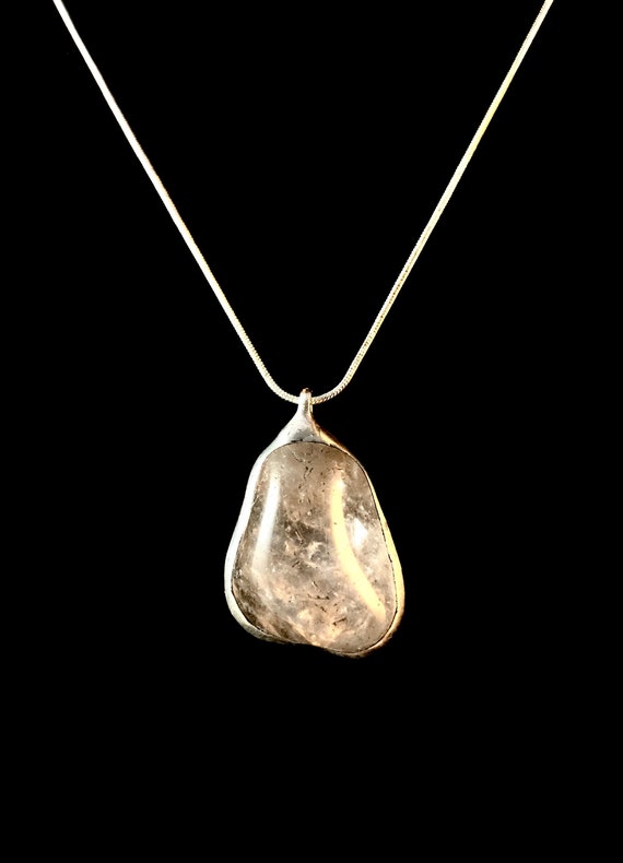 Tumbled Quartz Crystal Silver Stone Pendant Silver Plated Snake Chain - Artisan Metal Stone Work - Symbolic of Spiritual & Positive Energy