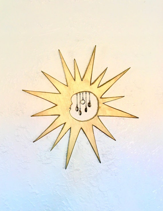 MOON CHILD Hand Carved Natural Pine Wall Art - Silver Wrapped with Stained Glass Droplets - Man in the Moon Home Decor - Moon Stars Art