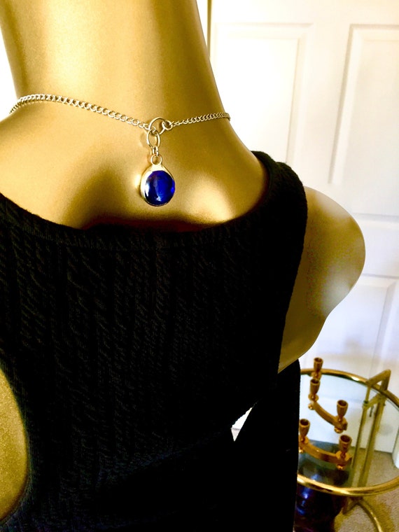 Blue Stained Glass MADISON Necklace With Blue Glass Droplet Gem as Counter Weight-Artisan Made Royal Blue Glass Lariat Lasso Choker Necklace