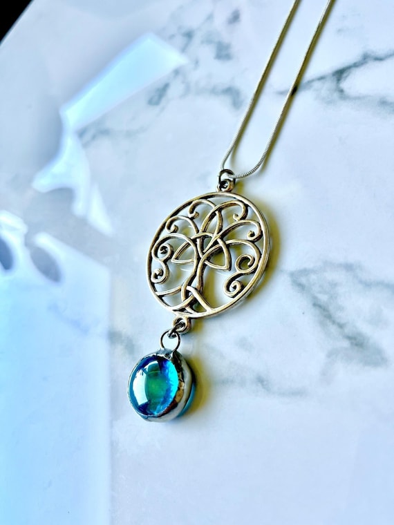 Silver Triquetra Tree of Life Pendant with Turquoise Stained Glass Droplet on Silver Plated Snake Chain - Gothic Wiccan Celtic Nature Amulet