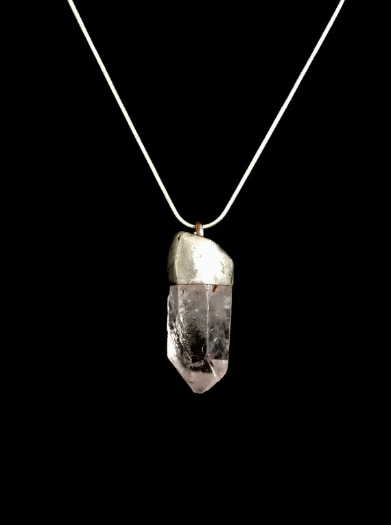 Raw Quartz Crystal Silver Stone Pendant on Silver Plated Snake Chain - Artisan Metal Stone Work - Symbolic of Spiritual & Positive Energy