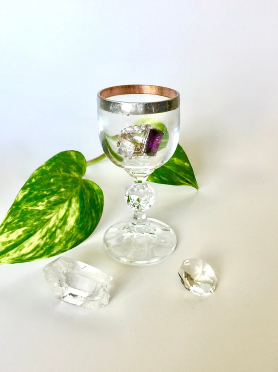 Mini Glass Goblet with Crystal Ball Elevated Ring Dish with Silver & Copper Wrapped Rim Artisan Made Vintage Style Fancy Silver Glassware