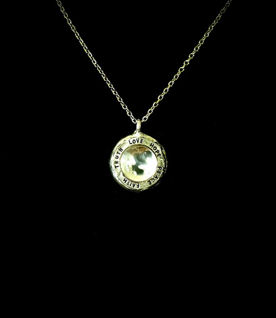 Artisan Handmade Stained Glass Motivational or Memory Necklace. Lovely Simple Silver Pendant. Stamped Word Art: Peace, Love, Hope & Faith.