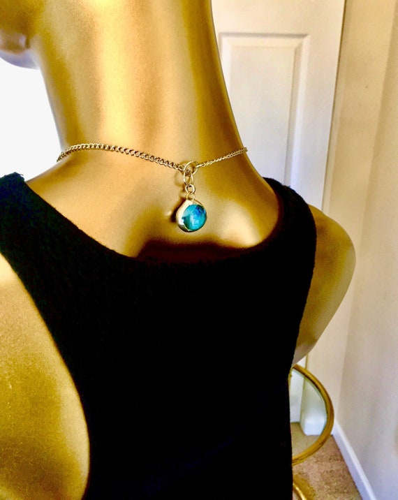 Turquoise Stained Glass MADISON Necklace With Glass Droplet Gem as Counter Weight-Artisan Made Aquamarine Glass Lariat Lasso Choker Necklace