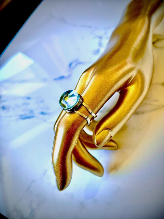 Stained Glass Crystal Ball Cocktail Ring - Artisan Handmade Glass and Mixed Metalwork - Simple Silver Costume Jewelry Ring - In Other Colors