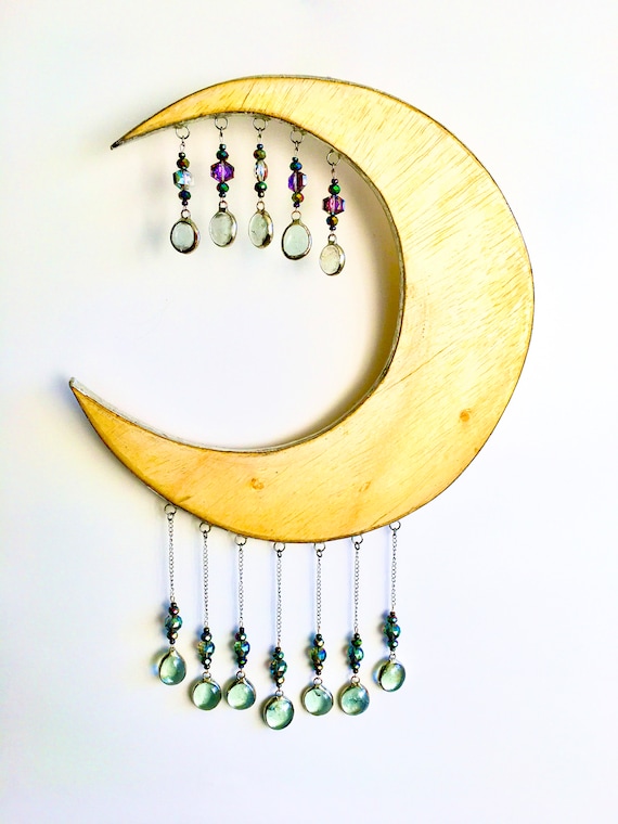 Natural Pine Moon Silver Wrapped Wall Art - Suspended Stained Glass Droplets - Moon Stars Home Decor - Hand Carved Pine Moon - Other Colors