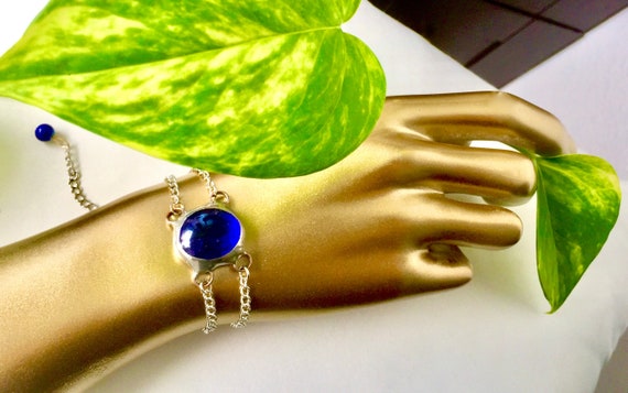 Blue Glass Chain Bracelet Artisan Made Stained Royal Blue Glass Mystic Blue Glass Hand Chain Bracelet Hand Cage Hand Bling Earth Amulet