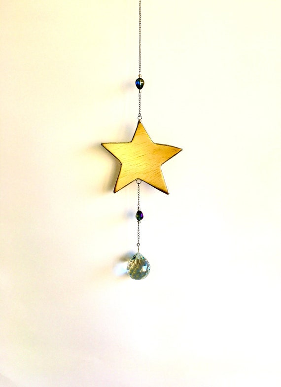 Hand Carved Silver Wrapped Hanging Pine Star with Suspended Prism Sphere - Artisan Made Star Art with Cut Crystal Ball - In Other Colors.