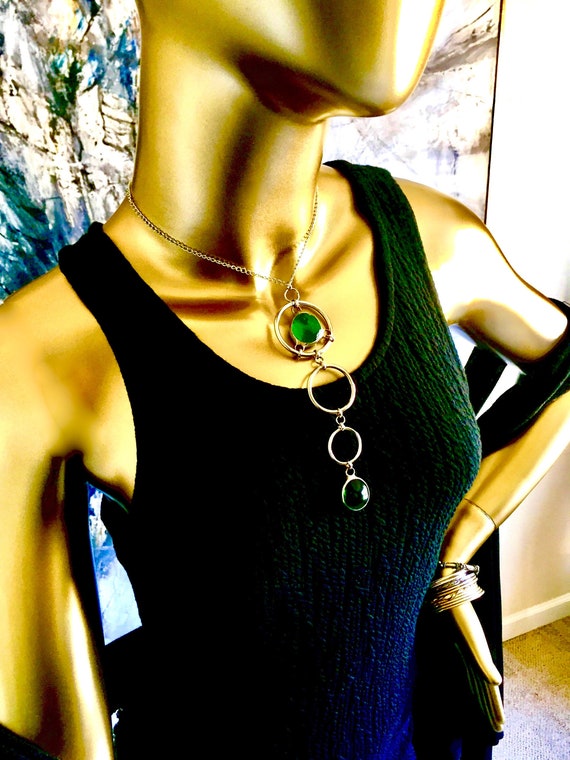 Stained Green Glass HUDSON Necklace With Green Glass Droplet Gem as Counter Weight-Artisan Emerald Green Glass Lariat Lasso Choker Necklace