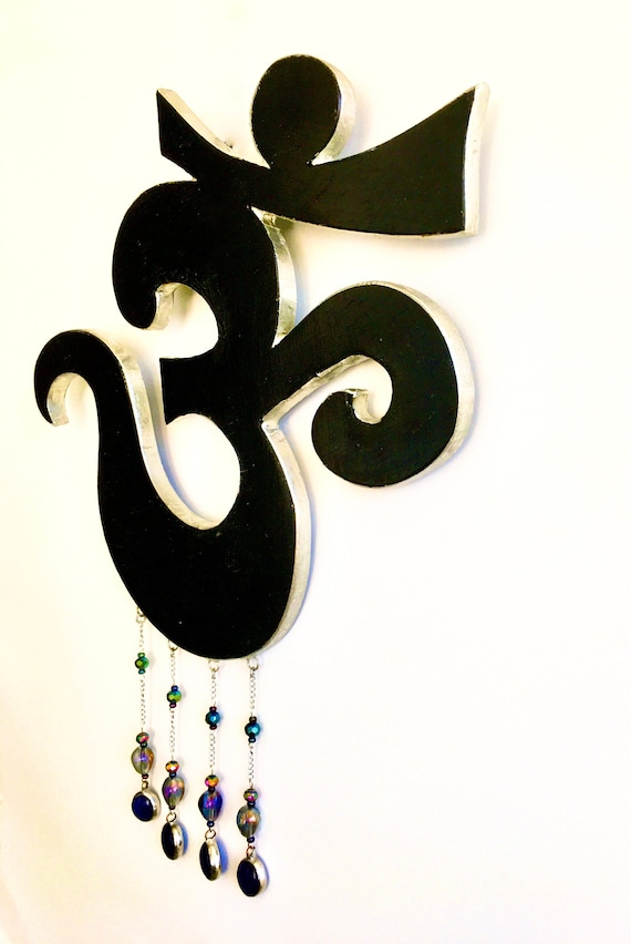 OM Symbol Silver Wrapped With Suspended Stained Glass Droplets - Symbolic Wall Art - Meditation Decor - Hand Carved Glossy Black Pine