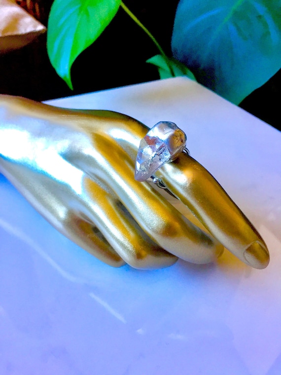 Raw Quartz Crystal Silver Cocktail Ring - Artisan Metal and Stone Work - Flashy Prism Statement Ring - Symbolic of Spiritual Positive Energy