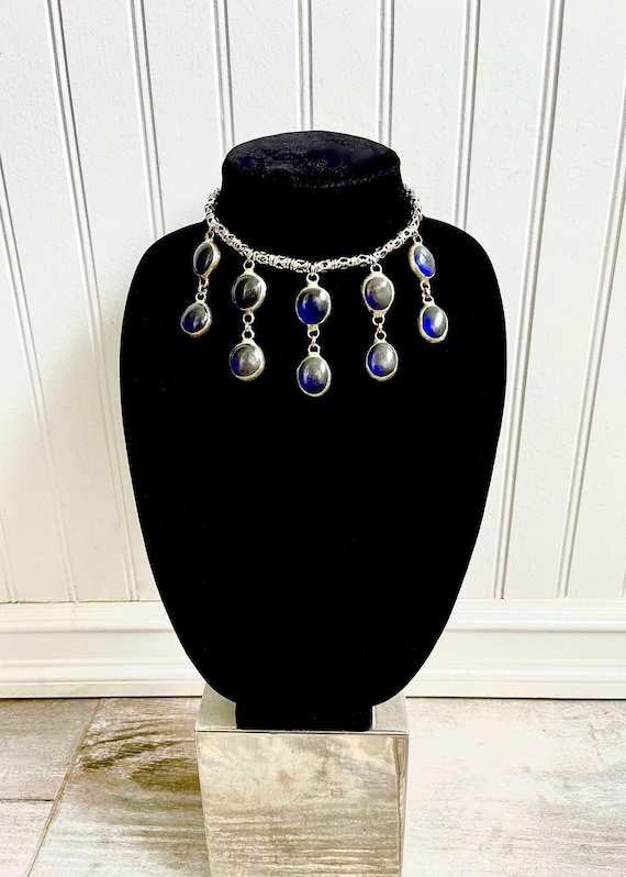 Stained Sea Glass NOMAD Collar in Oceanic Blue - Artisan Made Silver & Glass Fringe Statement Piece Necklace - Decorative Hanging Back Gem