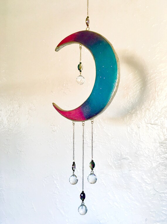 Cosmic Galaxy Crystal Moon Mobile - Hanging Gem Tone Moon & Stars Art - Artisan Handmade Silver Wrapped Moon with Suspended Crystal Spheres.